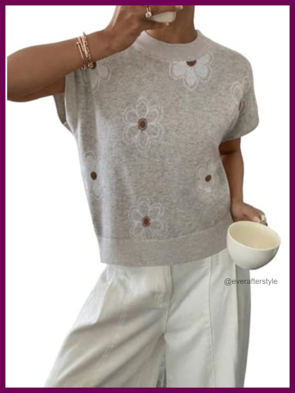 Cap Sleeve Sweater Loose Fit Floral Knit Tank Top Casual